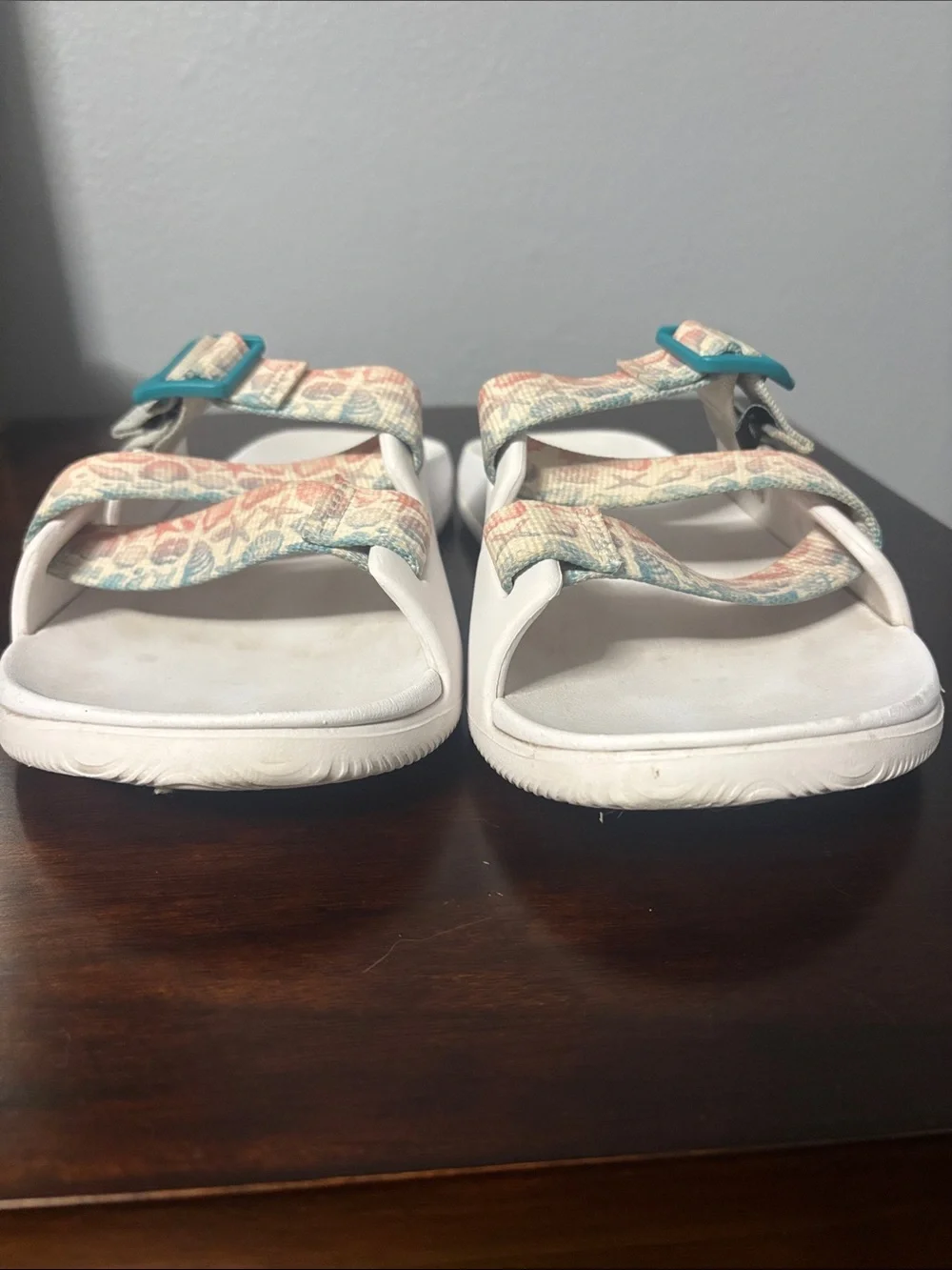 Chaco Women's Cream Slide Sandals with Teal Buckles and Patterned Straps